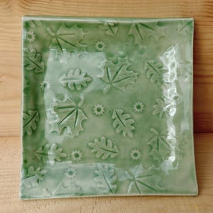 May include: A square ceramic plate with a glossy light green glaze featuring an embossed pattern of various maple and oak leaves interspersed with small circular flower motifs across the entire flat surface of the dish.