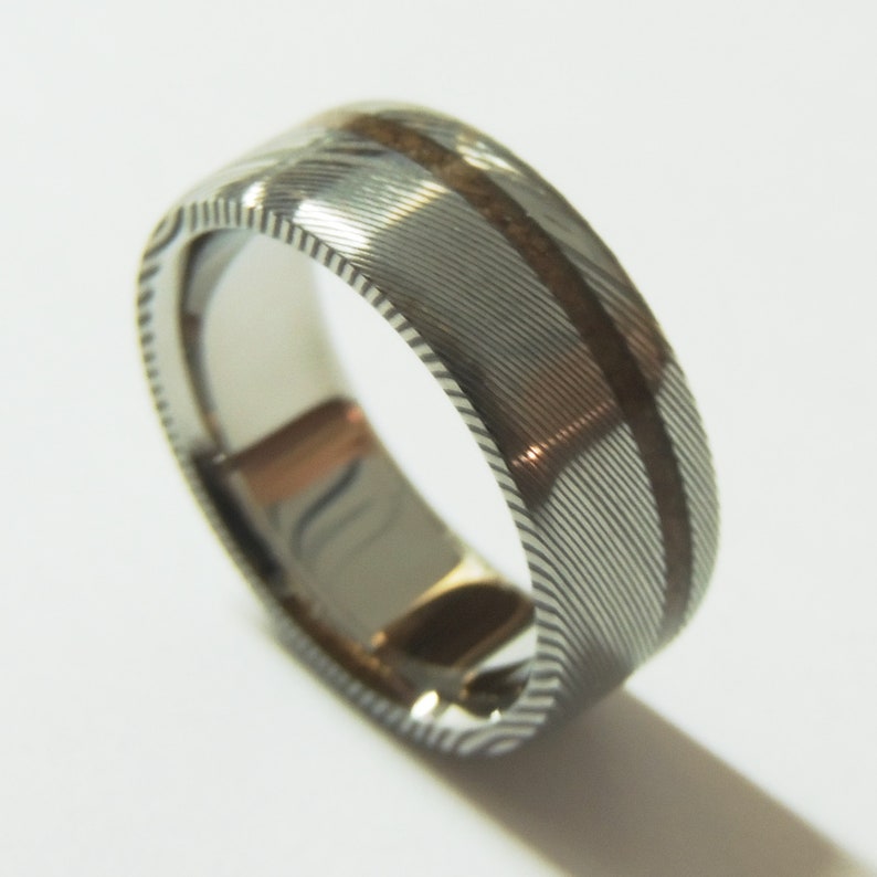 T-Rex and Stainless Damascus Steel Ring Polished Inside Damascus Ring Wedding Ring Dinosaur Bone Ring Stainless Steel Wedding Band