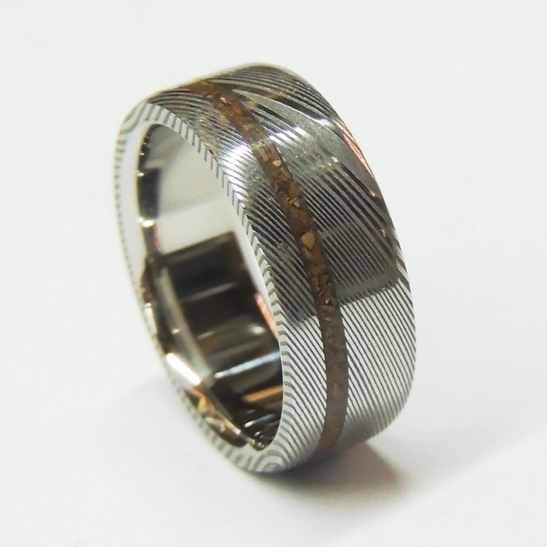 T-Rex and Stainless Damascus Steel Ring Polished Inside Damascus Ring Wedding Ring Dinosaur Bone Ring Stainless Steel Wedding Band