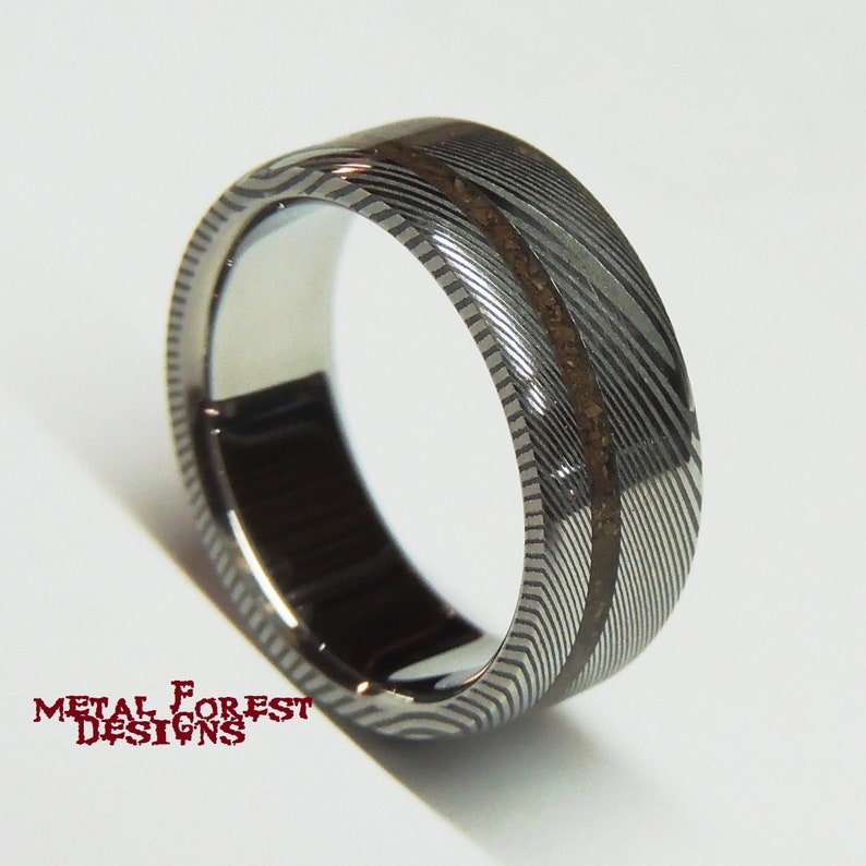 T-Rex and Stainless Damascus Steel Ring Polished Inside Damascus Ring Wedding Ring Dinosaur Bone Ring Stainless Steel Wedding Band