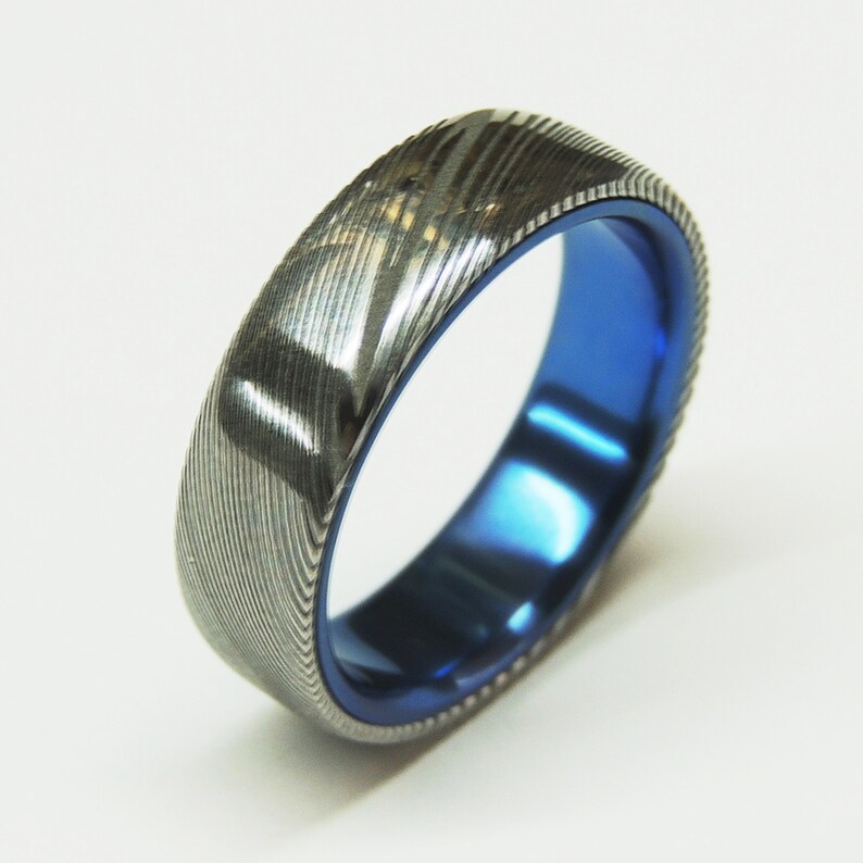 Stainless Damascus Steel Blue Titanium Ring Damasteel Etsy