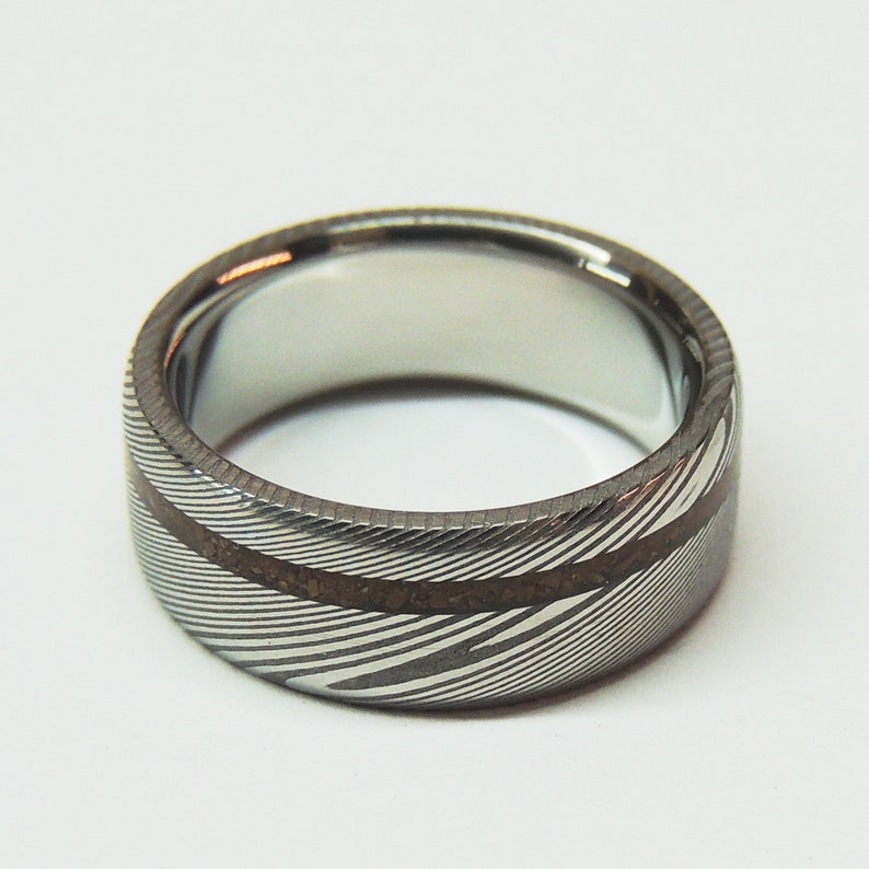 T-Rex and Stainless Damascus Steel Ring Polished Inside Damascus Ring Wedding Ring Dinosaur Bone Ring Stainless Steel Wedding Band