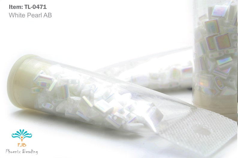 thumbnail image 2 of Miyuki Pearl White Ab Tila Beads - 5x5mm 2-Hole Square Seed Beads 7.2g Tube 2 of 13