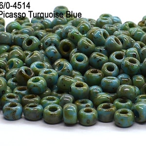 RR 6/0-4514 Miyuki Round Rocailles Beads, Opaque Picasso Turquoise Blue , 15 - 30 gram Seed Beads