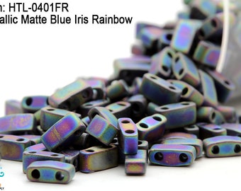 HTL 0401FR , Miyuki Half Tila 2 holes beads , Metallic Matte Blue Iris Rainbow , 5 - 10 gram