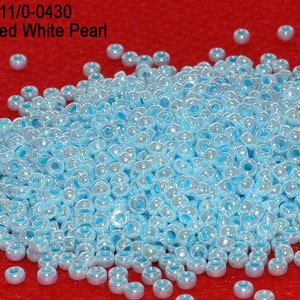 RR 11/0-0430 Miyuki Round Rocailles  Aqua Lined White Pearl, 20 - 40- 100 - 500gram Seed Beads