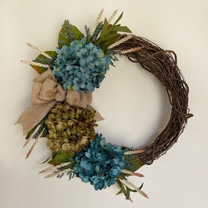 Spring Wreath, Spring Decor, Cream Blue Hydrangea Wreath, Aqua Hydrangea Wreath, Blue Home Decor, Wreath for Front Door, Farmhouse Wreath