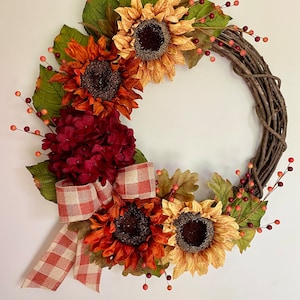 Fall wreath, Red hydrangea wreath, Sunflower wreath, Autumn decor