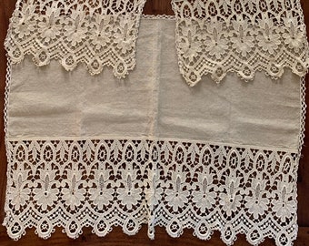 Vintage German Linen Chair Covers with Lace Trim