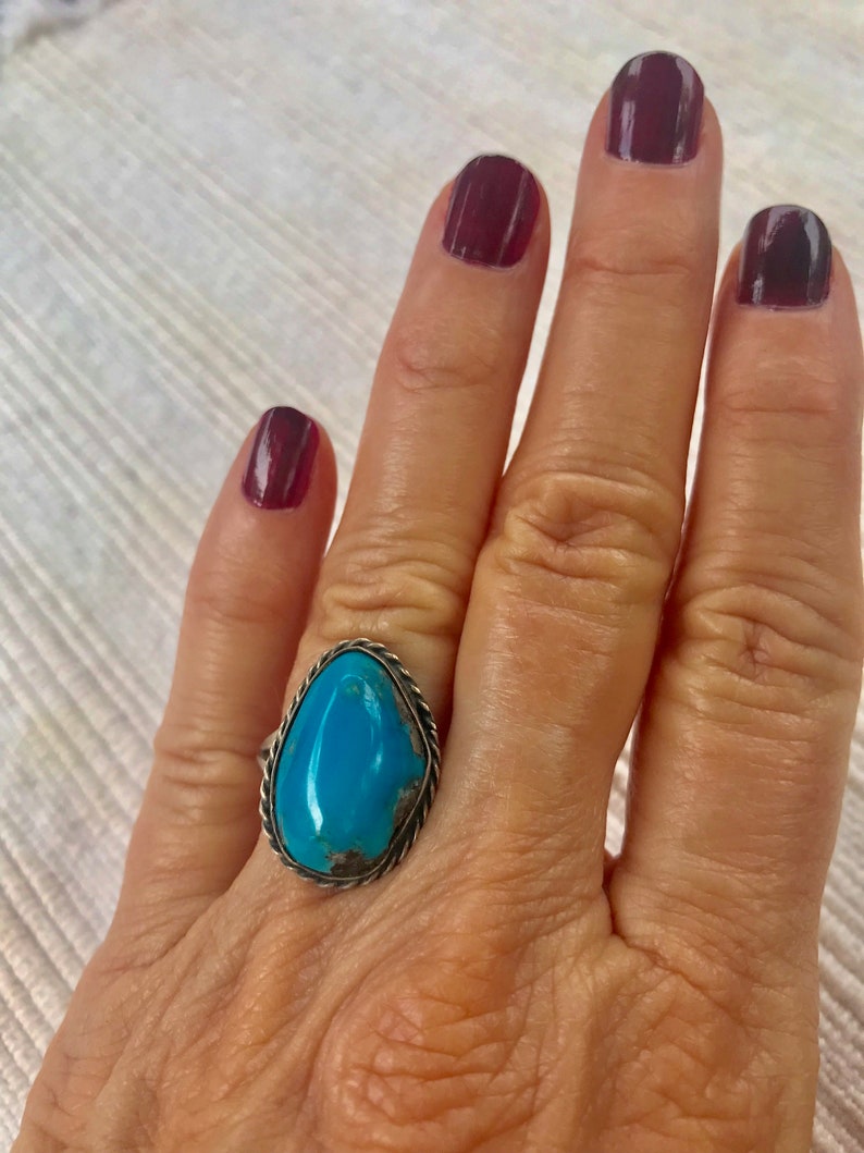 Vintage Blue Turquoise Silver size 6.5 ring, Vintage Silver turquoise ring, image 6