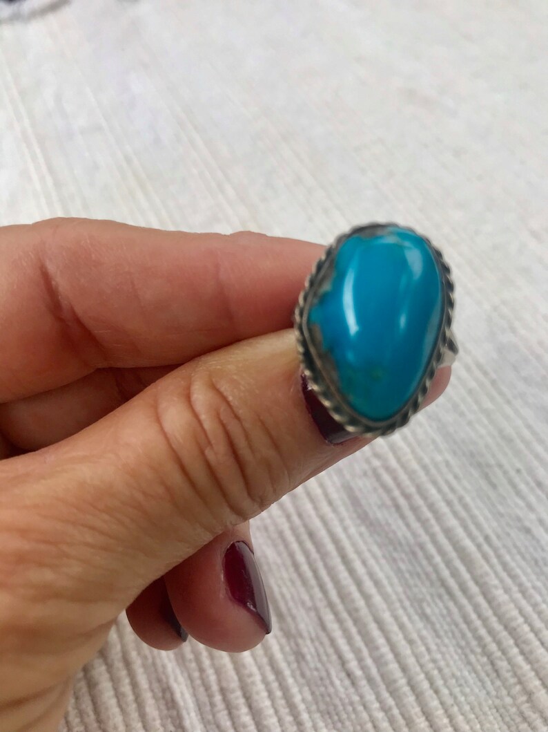 Vintage Blue Turquoise Silver size 6.5 ring, Vintage Silver turquoise ring, image 4