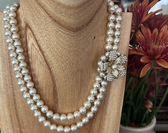 Vintage 1950’s Double Strand Faux Pearl Necklace with Ornate Floral Statement Box Clasp.
