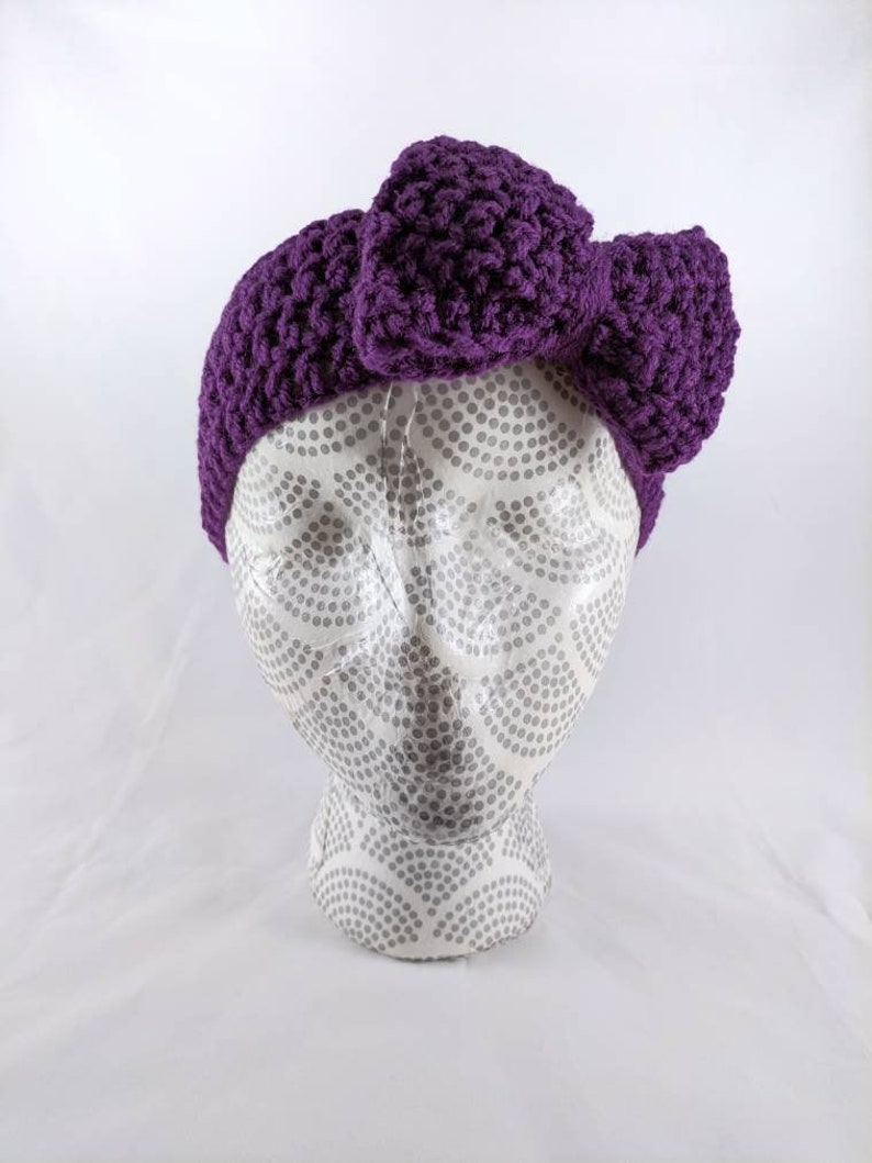 Girls Bow Earwarmer Children/'s Crocheted Headband Big Bow Headband Purple Bow Earwarmer