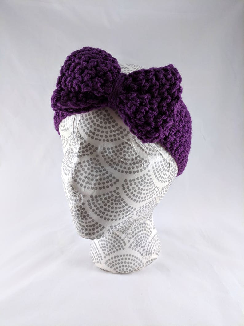 Girls Bow Earwarmer Children/'s Crocheted Headband Big Bow Headband Purple Bow Earwarmer