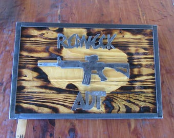 Redneck Security Sign-Wood & Metal-Metal Art-Welded Art-Scrap Metal-ADT-Wall Decor-Mancave-Texas-Metal Sign-Wood Sign-Gun Sculpture