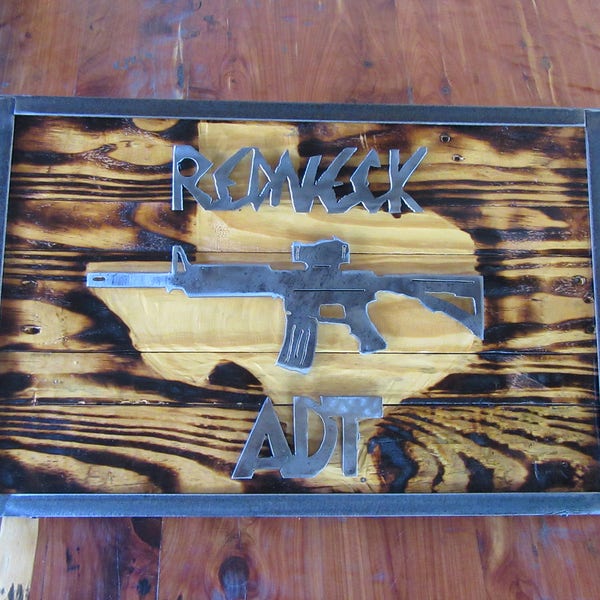 Redneck Security Sign-Wood & Metal-Metal Art-Welded Art-Scrap Metal-ADT-Wall Decor-Mancave-Texas-Metal Sign-Wood Sign-Gun Sculpture