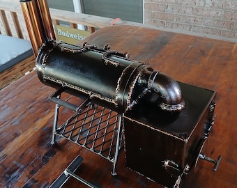 Handmade Mini BBQ Grill Smoker: Jumbo Firebox, Double Barrel Smoker