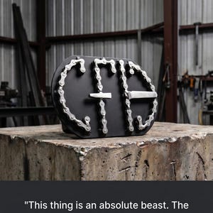 May include: A black metal sculpture with the letters "CFD" formed from silver-colored chains. The sculpture has a handle and is displayed on a concrete block. The image includes a quote about the sculpture.