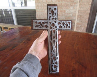Stained Glass Metal Art Cross-Welded Art Cross-Hardwood Flooring-Truly Handmade-Cross Sculpture