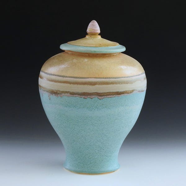 Urna de cerámica para cremación: Urna conmemorativa para adultos "Arena y turquesa, 220 pulgadas cúbicas"