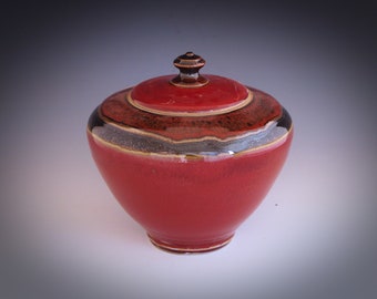 Memorial ceramic urns: Small pottery cremation urn "Red and Black, smaller size 85 cubic inches"