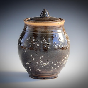 May include: A dark brown ceramic jar with a lid. The jar has a rounded shape with a light brown rim and a small knob on the lid. The surface is speckled with white dots, giving it a unique texture.