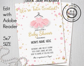 Tutu Baby Shower Invitations, Customize Yourself Instant Download in 5x7 Size