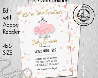 Tutu Baby Shower Invitations, Customize Yourself Instant Download in 4x6 Size