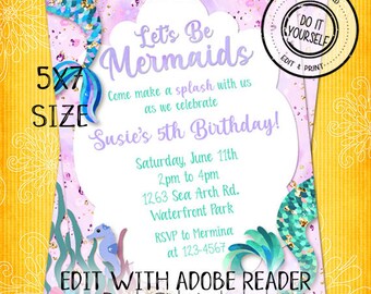 Mermaid Invitation Customize Yourself Instant Download in 5x7 Size