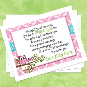 Bébé sur le thème chouette Merci cartes rose et turquoise Damas, personnalisé avec prénom de bébé