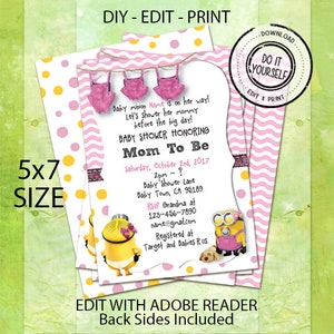 Minion Baby Shower Invitations, Customize Yourself Instant Download in 5x7 Size