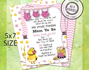 Minion Baby Shower Invitations, Customize Yourself Instant Download in 5x7 Size