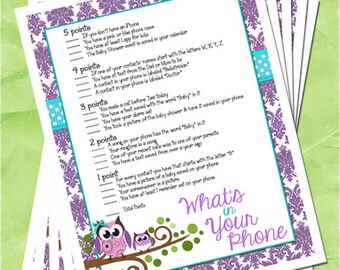 Owl Themed Baby Shower What's In Your Phone Game Purple and Teal Damask