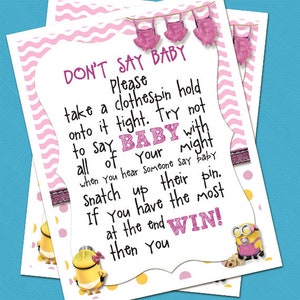 Digital Printable Pink Minion Don&#39;t Say Baby Clothespin Game Instant Download