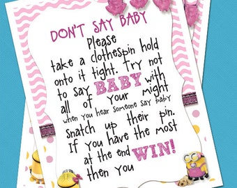Digital Printable Pink Minion Don't Say Baby Clothespin Game Instant Download