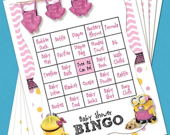 Prefilled 20 Digital Printable Pink Minion Baby Girl Shower Blank Bingo Game