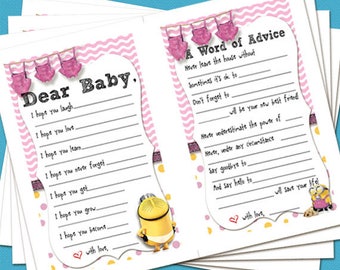 Digital Printable Pink Minion Baby Girl Shower Blank Printable Dear Baby and Word of Advice