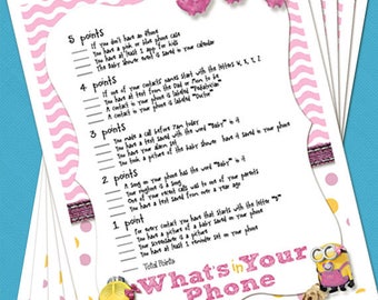 Digital Printable Pink Minion Baby Girl Shower What's In Your Phone Game