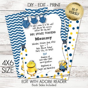 Minion Baby Shower Invitations, Customize Yourself Instant Download in 4x6 Size