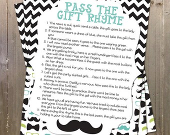 Digital Printable Mustache Theme Pass The Gift Baby Shower Rhyme Game Instant Download