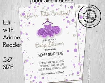 Tutu Lavender Baby Shower Invitations, Customize Yourself Instant Download in 5x7 Size