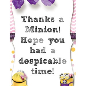 Minion Baby Girl Shower Thank You Cards, Pink and Purple