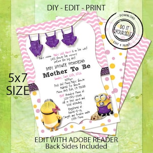 Pink Purple Minion Baby Shower Invitations, Customize Yourself Instant Download in 5x7 Size