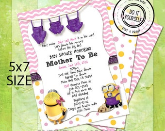 Pink Purple Minion Baby Shower Invitations, Customize Yourself Instant Download in 5x7 Size