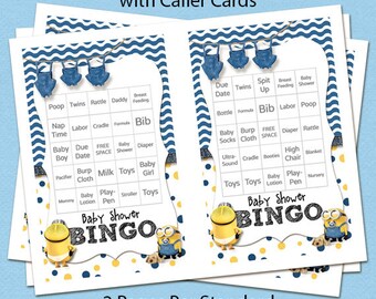 Prefilled 20 Digital Printable Blue Minion Baby Boy Shower Bingo Game