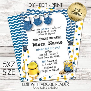 Minion Baby Shower Invitations, Customize Yourself Instant Download in 5x7 Size