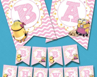 Digital Printable Pink Minion Baby Girl Shower Banner