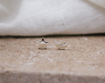 Sterling Silver Star and Moon Shaped Ear Studs