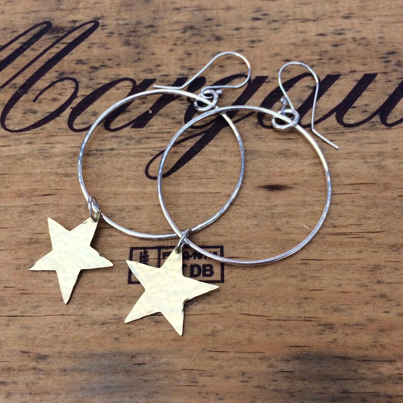 Sterling Silver Hoop Star Earrings With Hammered Brass Stars - Etsy