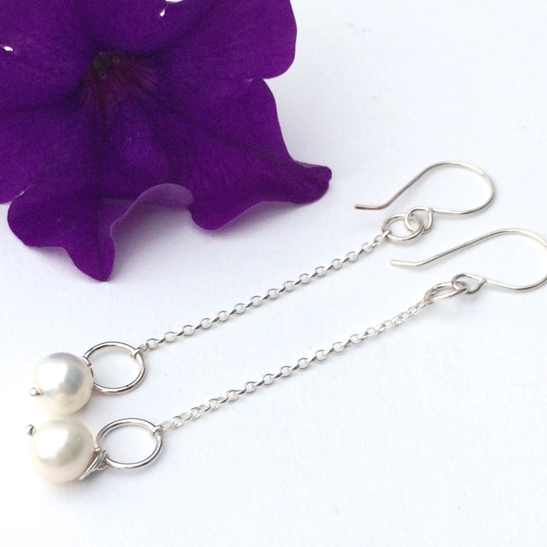 Handmade Pearl Sterling Silver X-Long Drop Earrings